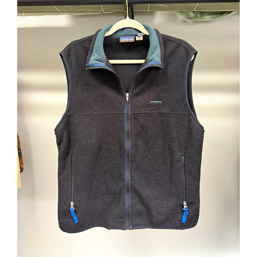 Patagonia Men’s Full Zip Fleece Vest Black/Blue L Synchilla USA made Vtg